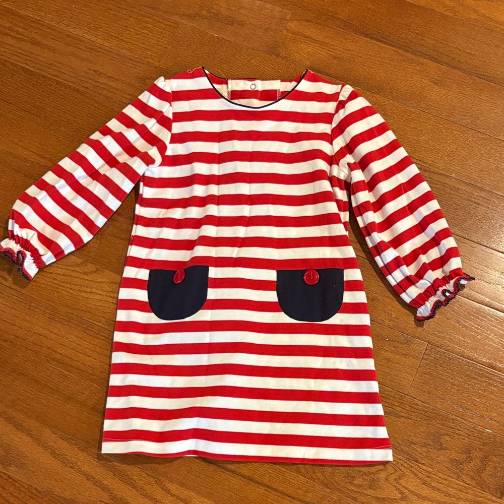 The Beaufort Bonnet Company Red and White Striped Dress with Navy Pockets
